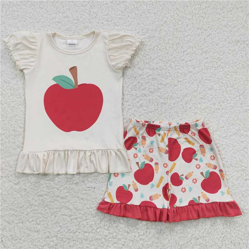 RTS NO MOQ Baby Girls Summer Sets GSSO0359 Back To School Apple Top Match Shorts Clothes Sets