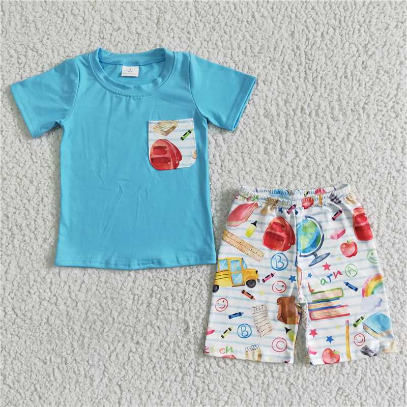 8.12 RTS NO MOQ Baby Boys kids Summer Sets BSSO0071 Light blue shirt back to school shorts sets
