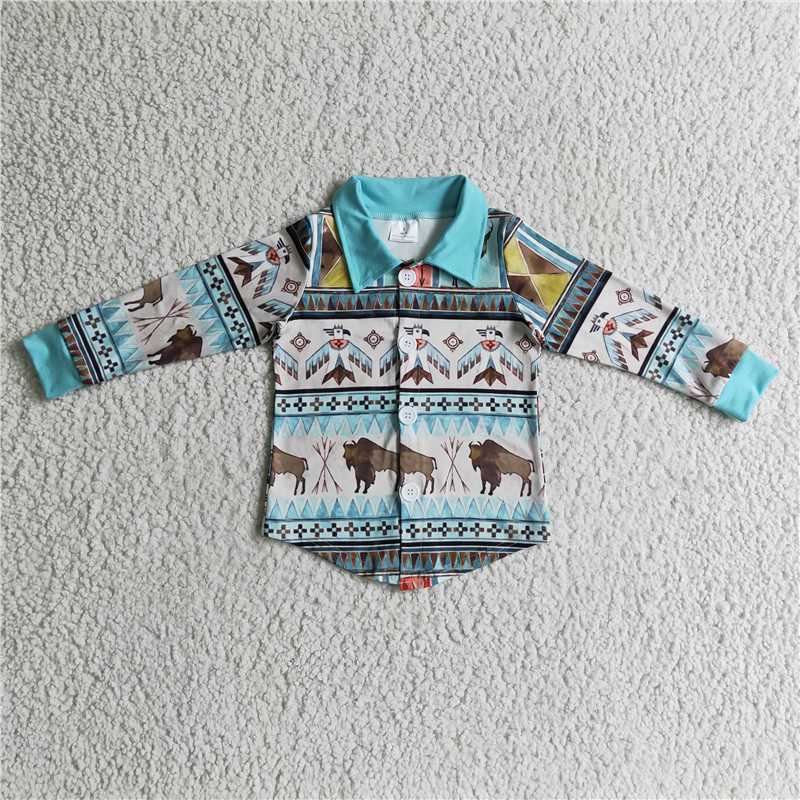 7.21 RTS NO MOQ Baby Boys Long Sleeve BT0090 Western Cow Button Shirts Tops