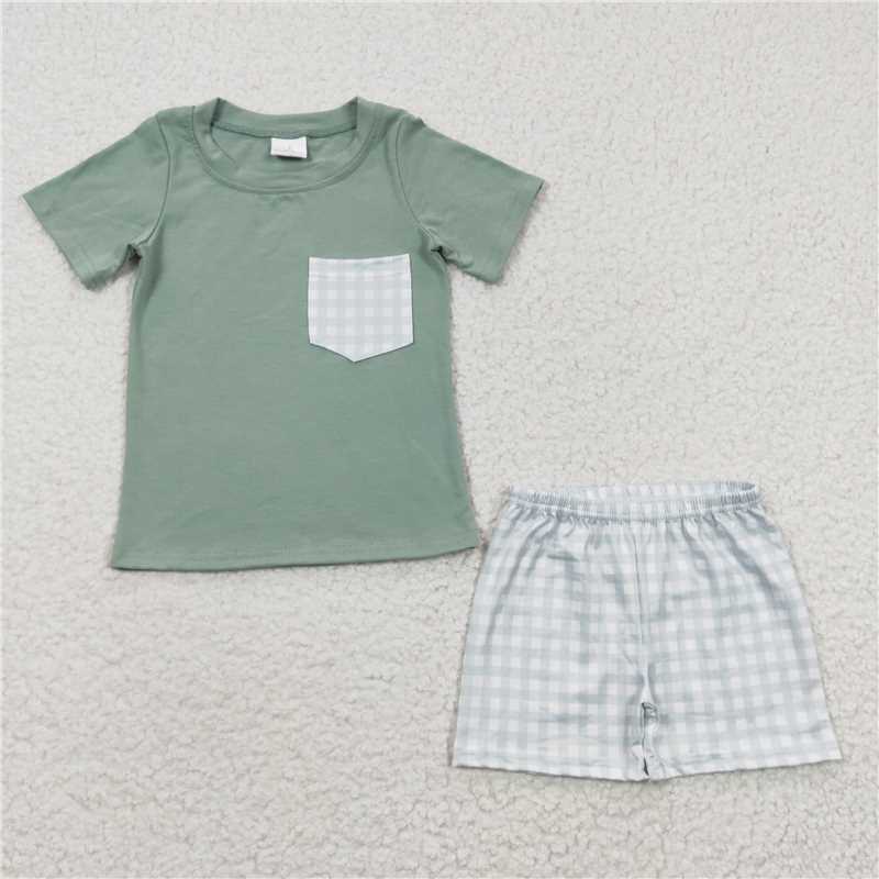 8.9 RTS NO MOQ Baby Boys kids Summer Sets BSSO0236 Green Plaid Pockets Shorts Sets