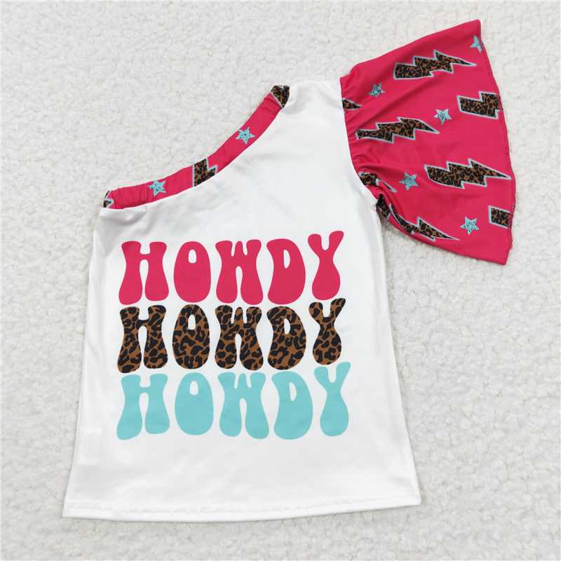7.24 RTS NO MOQ Summer Baby Girls Short Sleeve GT0165 Howdy Western One Shoulder Shirts Tops
