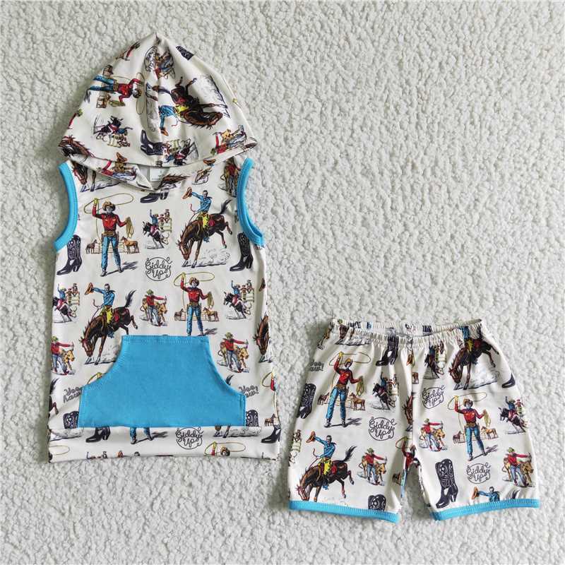 8.12 RTS NO MOQ Baby Boys kids Summer Sets BSSO0061 Western hoodie top summer shorts sets