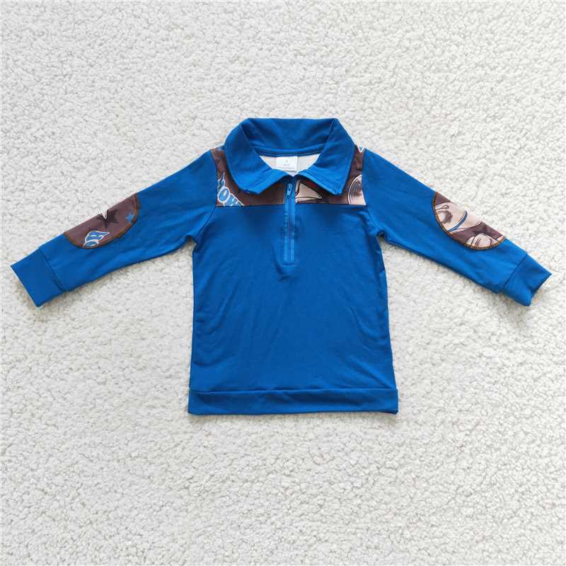 7.21 RTS NO MOQ Baby Boys Long Sleeve BT0101 Western Blue Hats Pullovers Tops