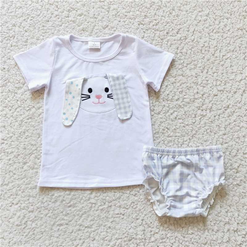 5.24 RTS NO MOQ Baby Girls Summer Outifts GBO0063 Easter Rabbit Embroidery Ears Bummie Sets