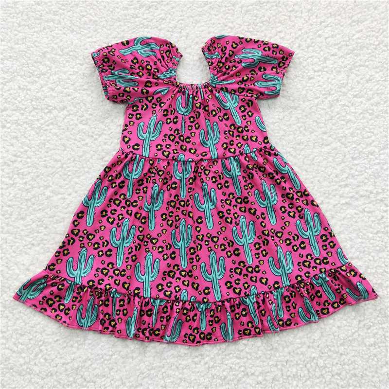 8.4 RTS NO MOQ Summer Baby Girls Dresses GSD0305 Western Cactus Pink Knee Length Dresses