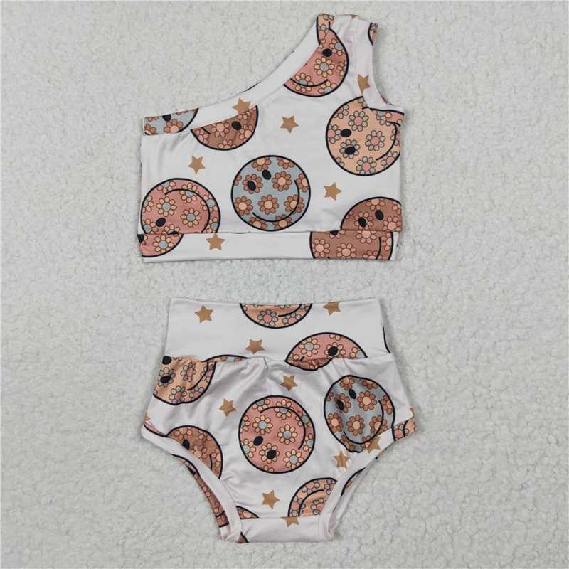 5.24 RTS NO MOQ Baby Girls Summer Outifts GBO0119 Floral Smile One Shoulder Top Bummie Clothes Sets