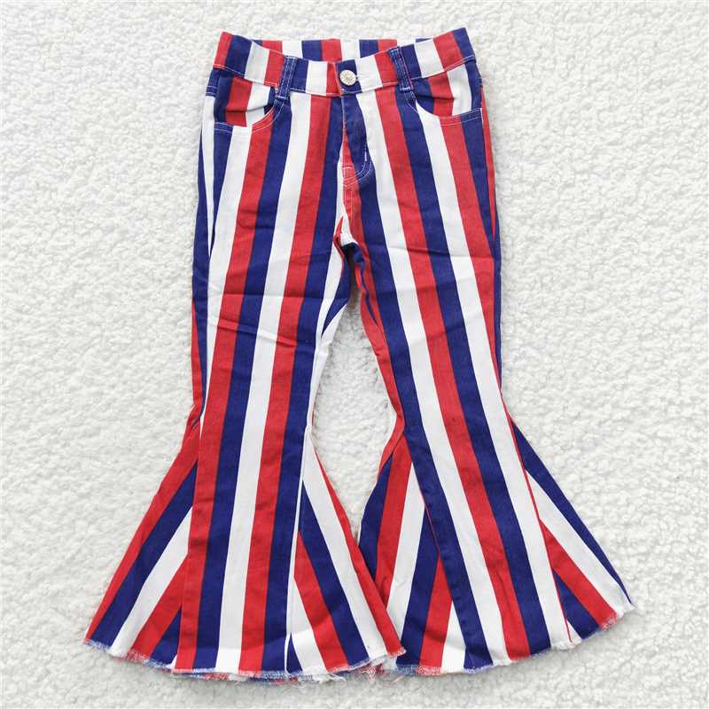 6.3 RTS NO MOQ Baby Girls Pants P0105 4th Of July Stripe Denim Bell Jeans Pants