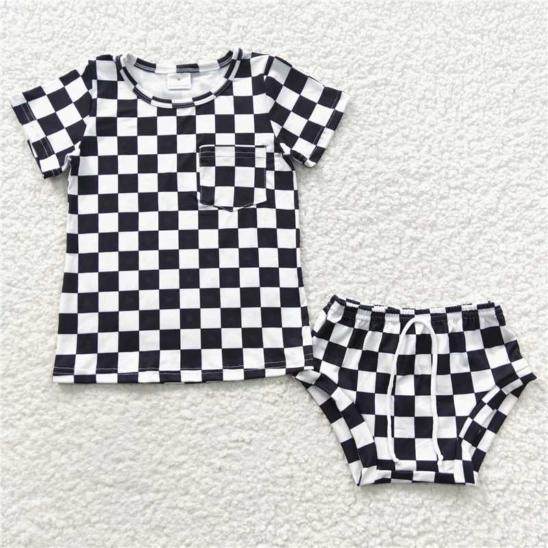 RTS NO MOQ Baby Girls Summer Outifts GBO0144 Black Checked Short Sleeve Bummie Sets