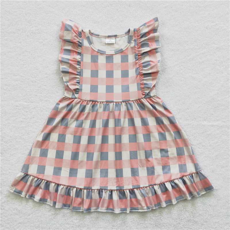 8.2 RTS NO MOQ Summer Baby Girls Dresses GSD0364 Plaid Ruffle Knee Length Dresses
