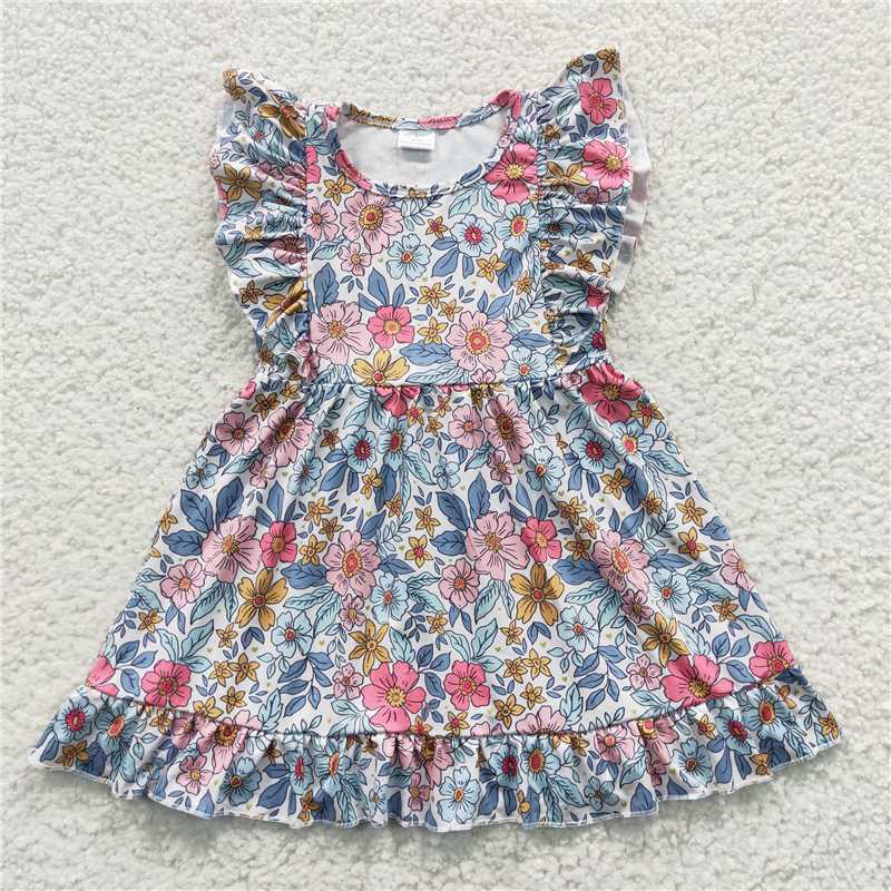 8.2 RTS NO MOQ Summer Baby Girls Dresses GSD0363 Navy Floral Ruffle Knee Length Dresses