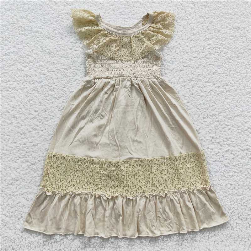 8.2 RTS NO MOQ Summer Baby Girls Dresses GSD0456 Beigh Lace Linen Long Ruffle Dresses