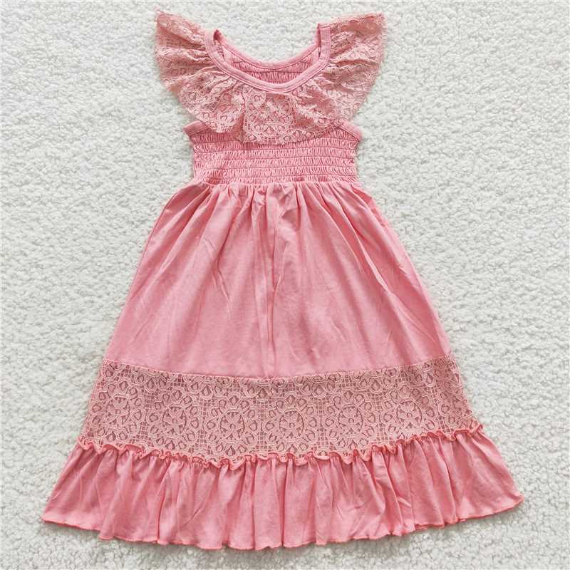 8.2 RTS NO MOQ Summer Baby Girls Dresses GSD0457 Pink Lace Linen Long Ruffle Dresses