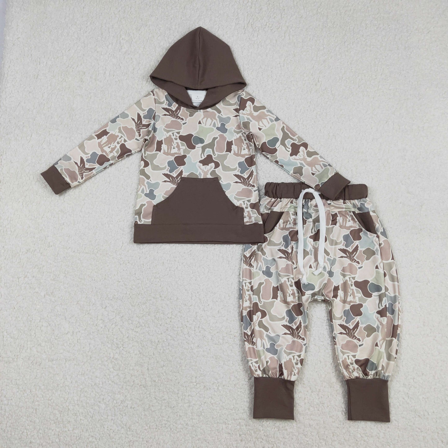 RTS Baby Boys Long Sleeves Dogs Ducks Deer Camo Pocket Hoodie Shirt Pants Hunting Set