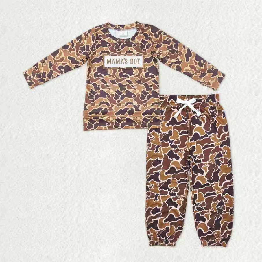 RTS Baby Boys Long Sleeves Embroidery Mama's Boy Shirt Pockets Brown Camo Jogger Pants Clothes Set