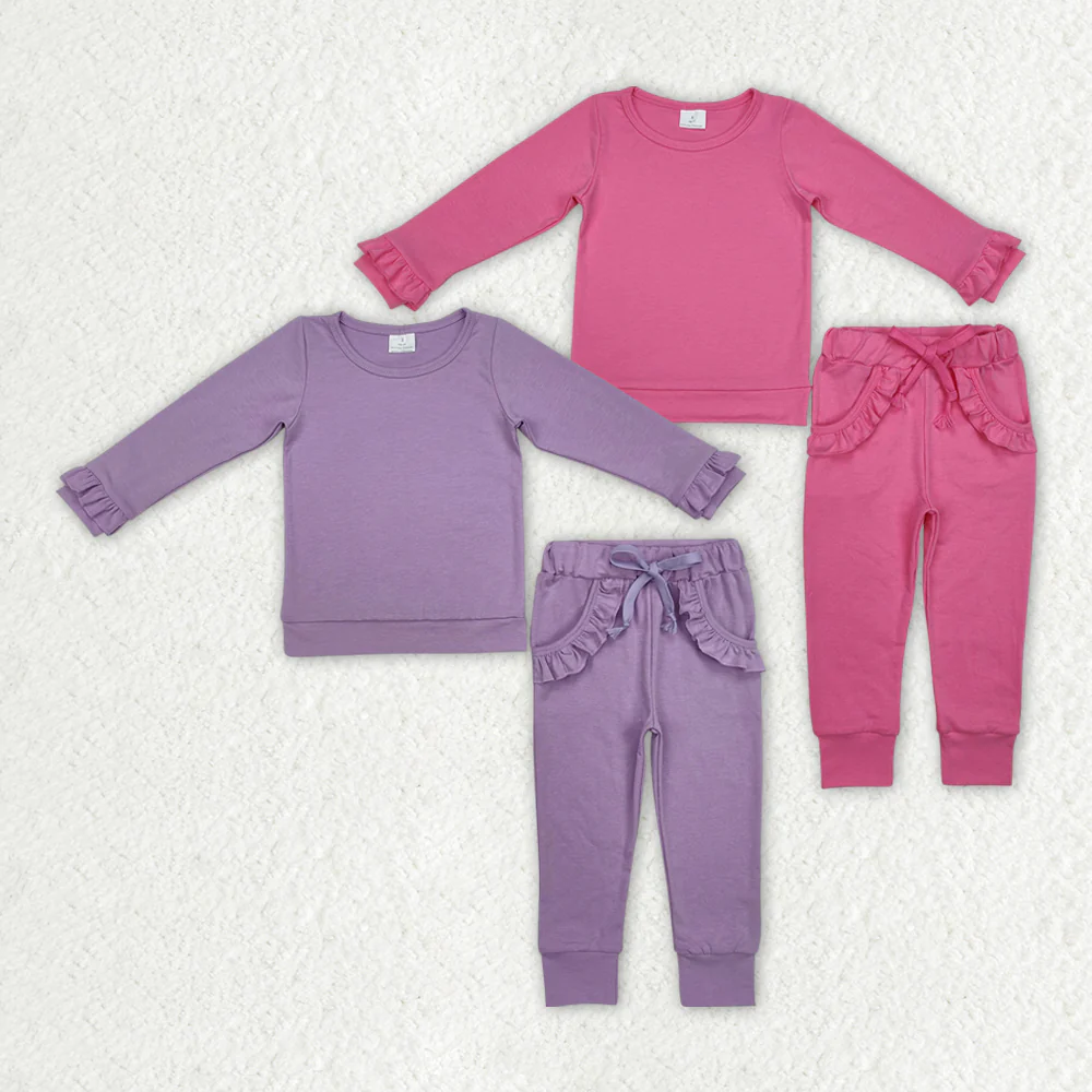 RTS NO MOQ Sibling Baby Girls Long Sleeve Sets Cotton Top Ruffle Pockets Pants Jogger Clothes Sets