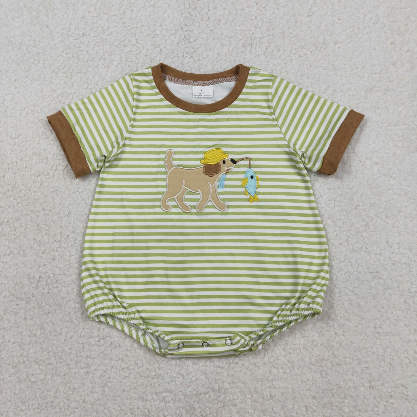 RTS Baby Boys Kids Short Sleeves Embroidery Dog Fishing Green Stripes Bubble Romper