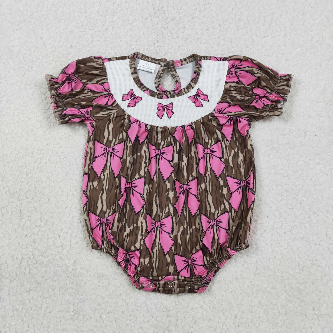 RTS Baby Girls Short Sleeves Embroidery Bows Southern Camo Smocked Bubble Romper