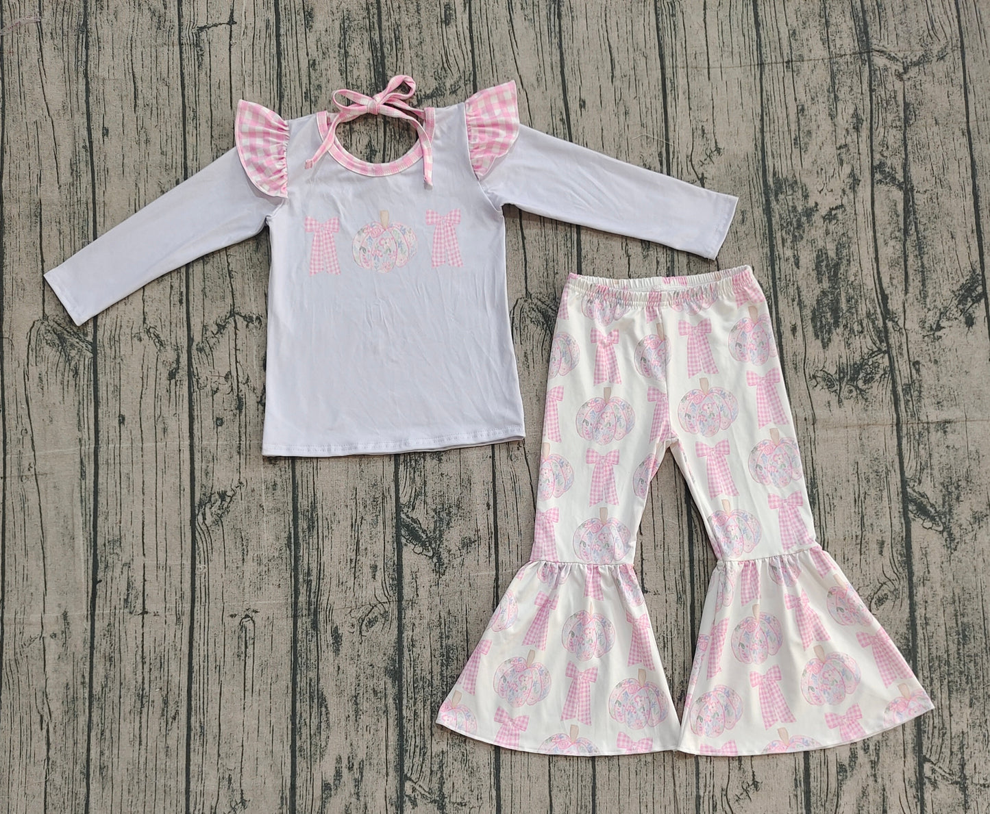 RTS Baby Girl Long Sleeves Flower Pumpkins Bows Shirt Bell Pants Set