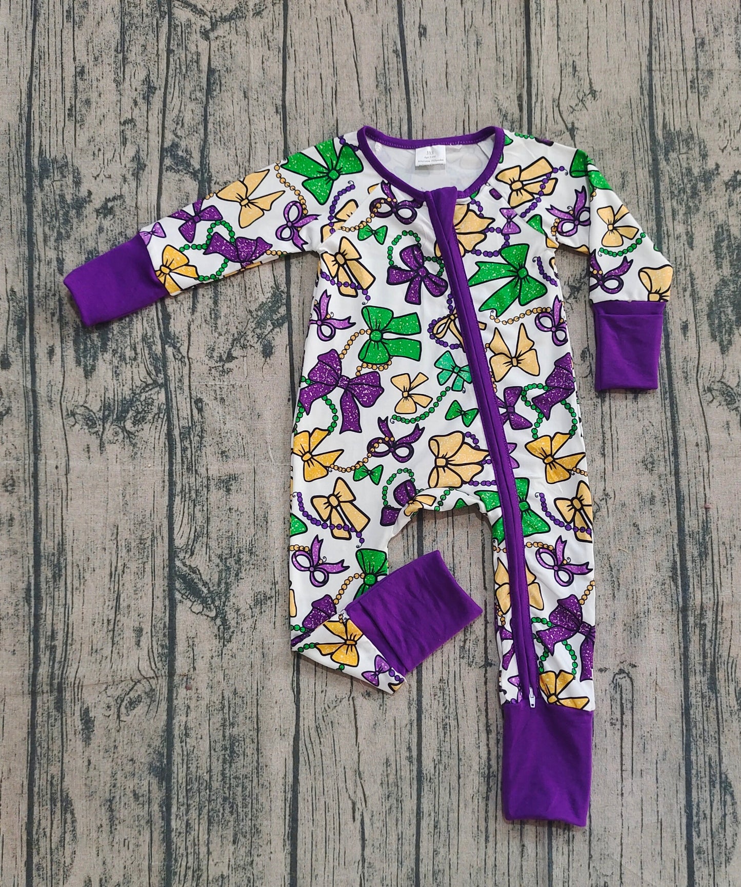 RTS Baby Girls Kids Long Sleeves Mardi Gras Bows Purple Zipper Sleeper Romper