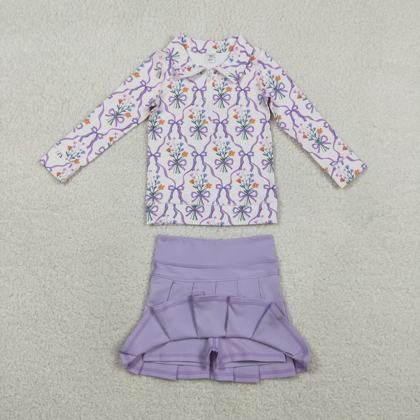 Baby Girls Floral Bows Zipper Shirt Shorts Skirt Skort Yoga Active Purple Clothes Set RTS