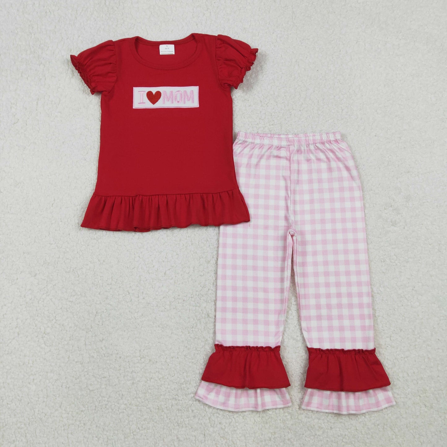 RTS Kids Boys Embroidery I Love MOM Red Shirt Plaid Pants Set Clothes