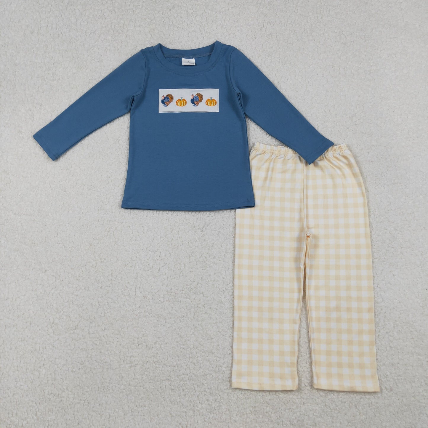 RTS Baby Boy Embroidery turkey Pumpkins Shirt Plaid Pants Thanksgiving Fall Set