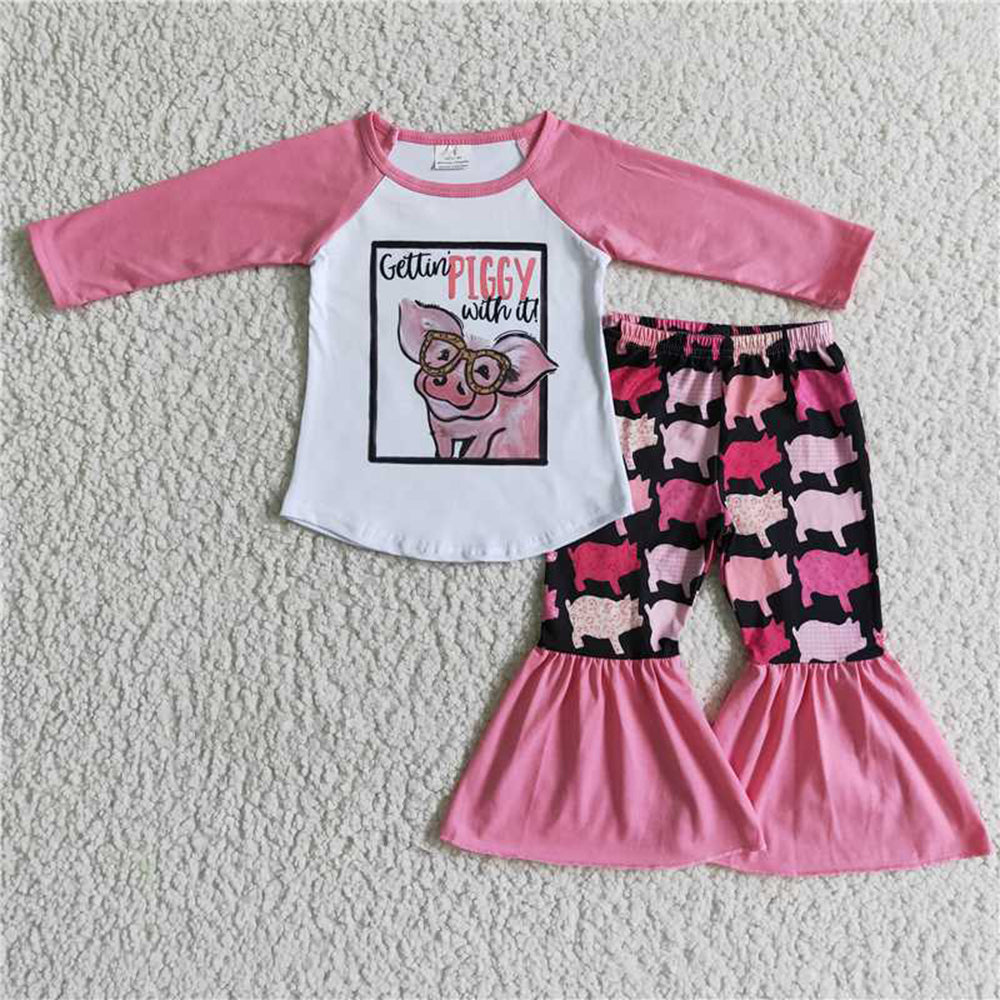 5.17 RTS NO MOQ Baby Girls Long Sleeve Sets 6 A10-17 Piggy Print Bell Bottom Sets