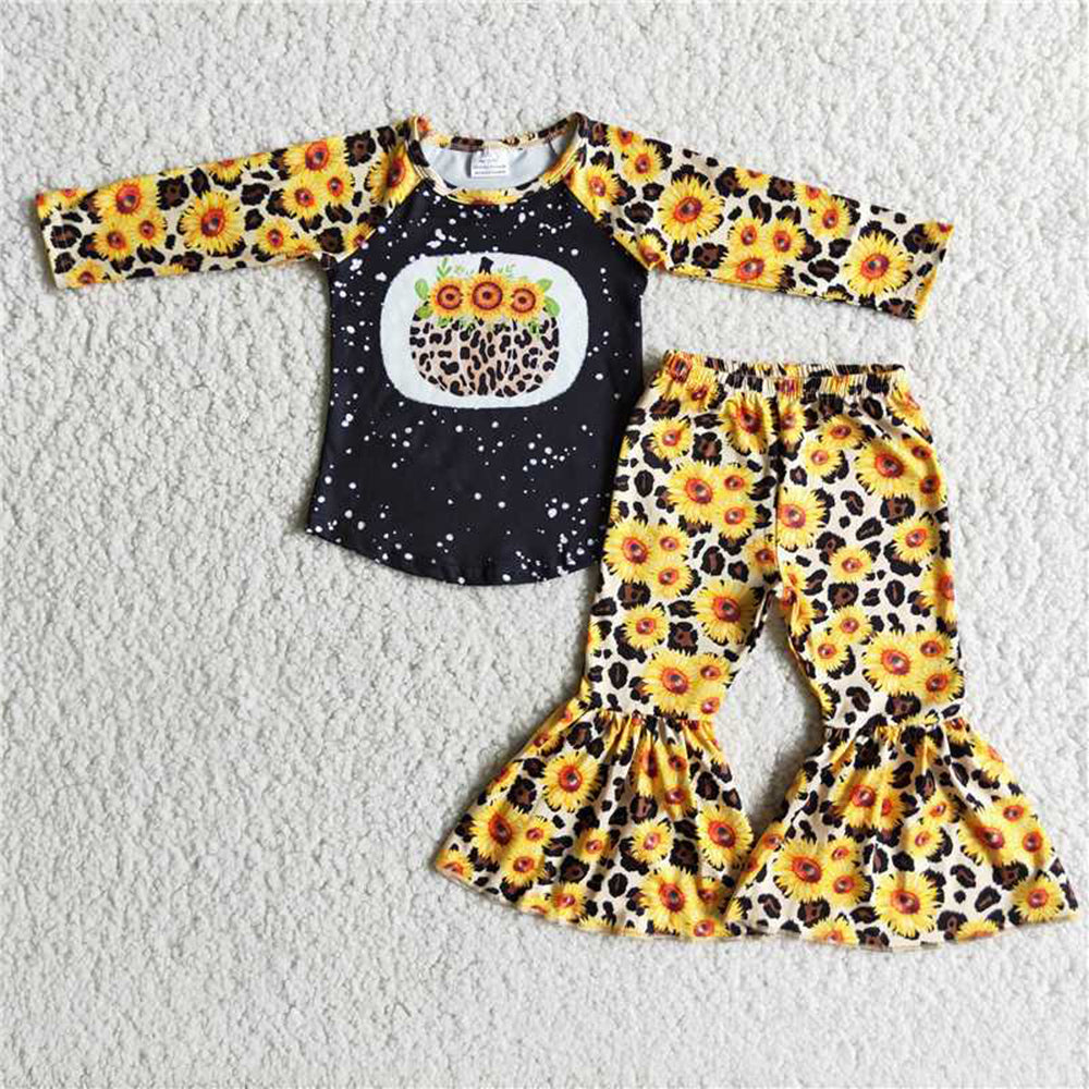 5.17 RTS NO MOQ Baby Girls Long Sleeve Sets 6 A10-19 Sunflower Leopard Fall Pumpkin Outfits Clothing Sets