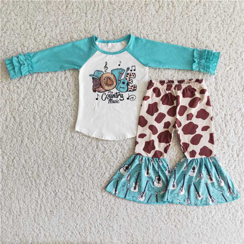 5.17 RTS NO MOQ Baby Girls Long Sleeve Sets 6 A11-14 Love Music Western Bell Bottom Sets