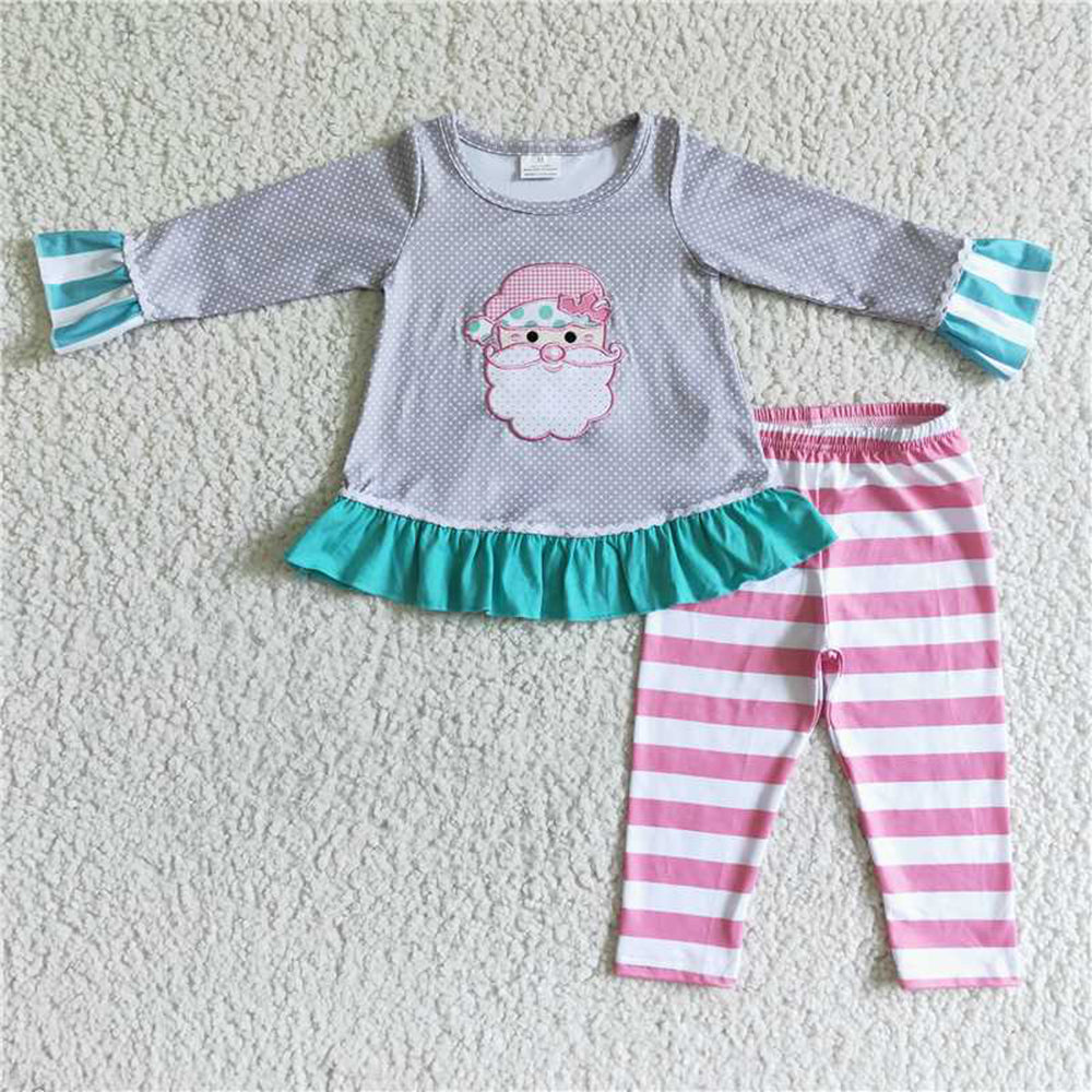 5.17 RTS NO MOQ Baby Girls Long Sleeve Sets 6 A11-27 Embroidery Christmas Santa Pink Stripe Pants Sets