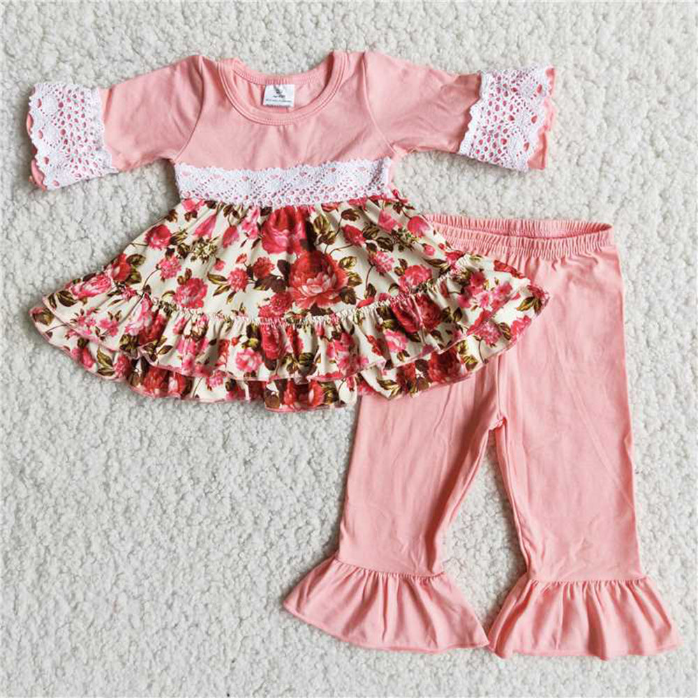 5.17 RTS NO MOQ Baby Girls Long Sleeve Sets 6 A17-26 Pink Flowers Shirt Pants Clothes Sets