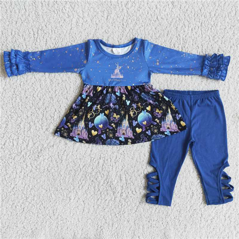 5.17 RTS NO MOQ Baby Girls Long Sleeve Sets 6 A21-2 Castle Print Tunic Icing Ruffle Legging Outfits Sets