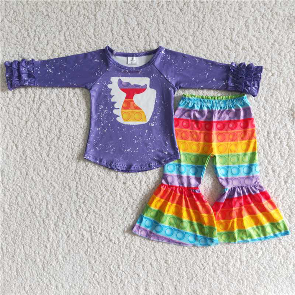 5.17 RTS NO MOQ Baby Girls Long Sleeve Sets 6 A24-30 Fish Tail Bubbles Bleached Shirt Rainbow Color Bell Sets