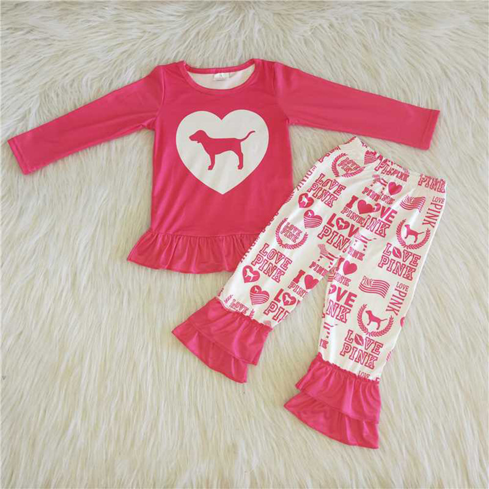 5.17 RTS NO MOQ Baby Girls Long Sleeve Sets 6 A26-13 Love Pink Heart Dog Print Ruffle Sets