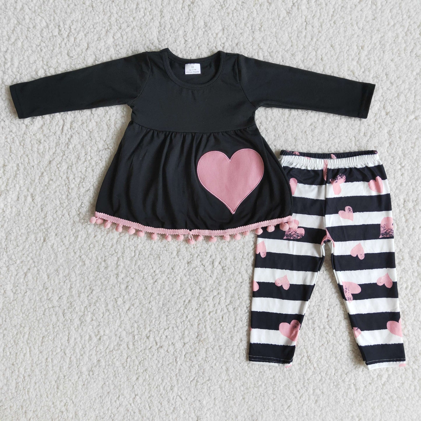 RTS Promotion Baby Girl Kids Embroidery Hearts Black Tops Stripes Pants Valentine's Outfit