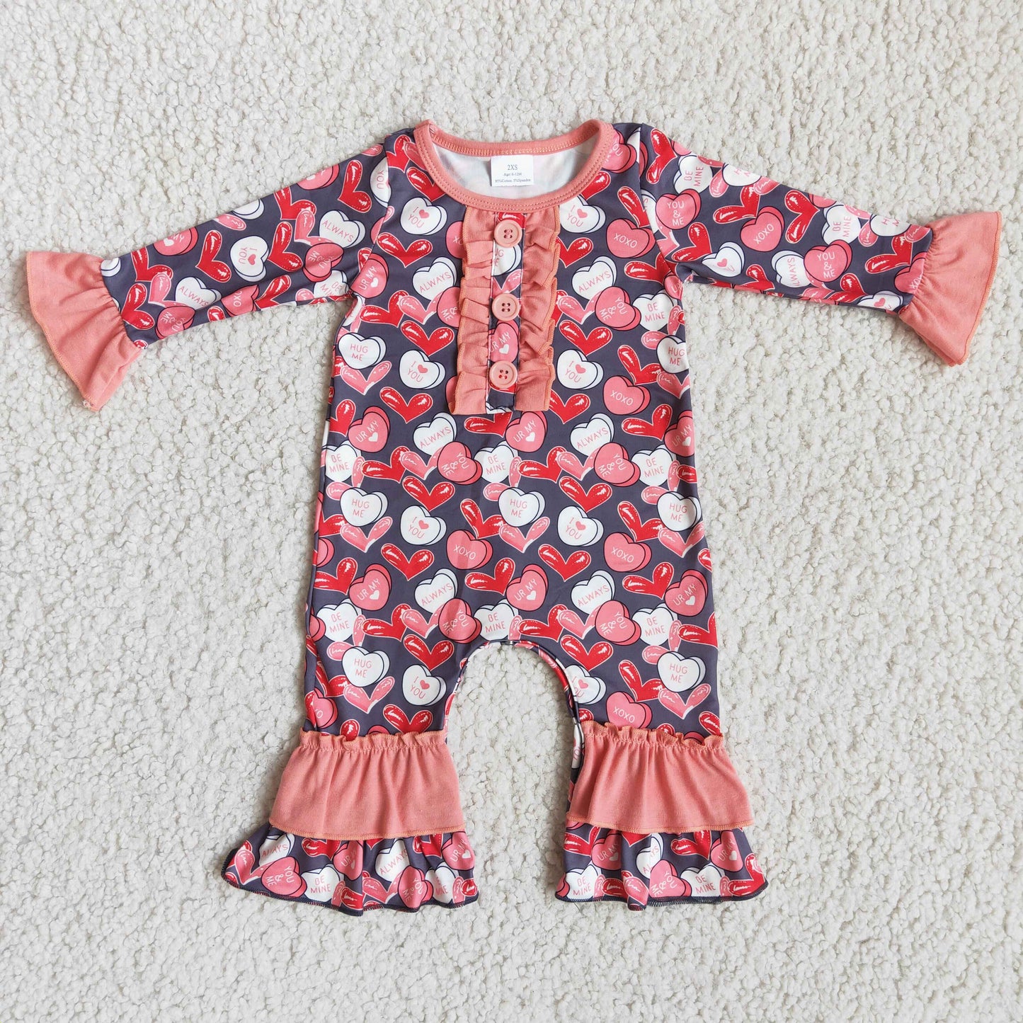 RTS Promotion Baby Girl Long Sleeves Hearts Valentine's Buttons Ruffle Romper