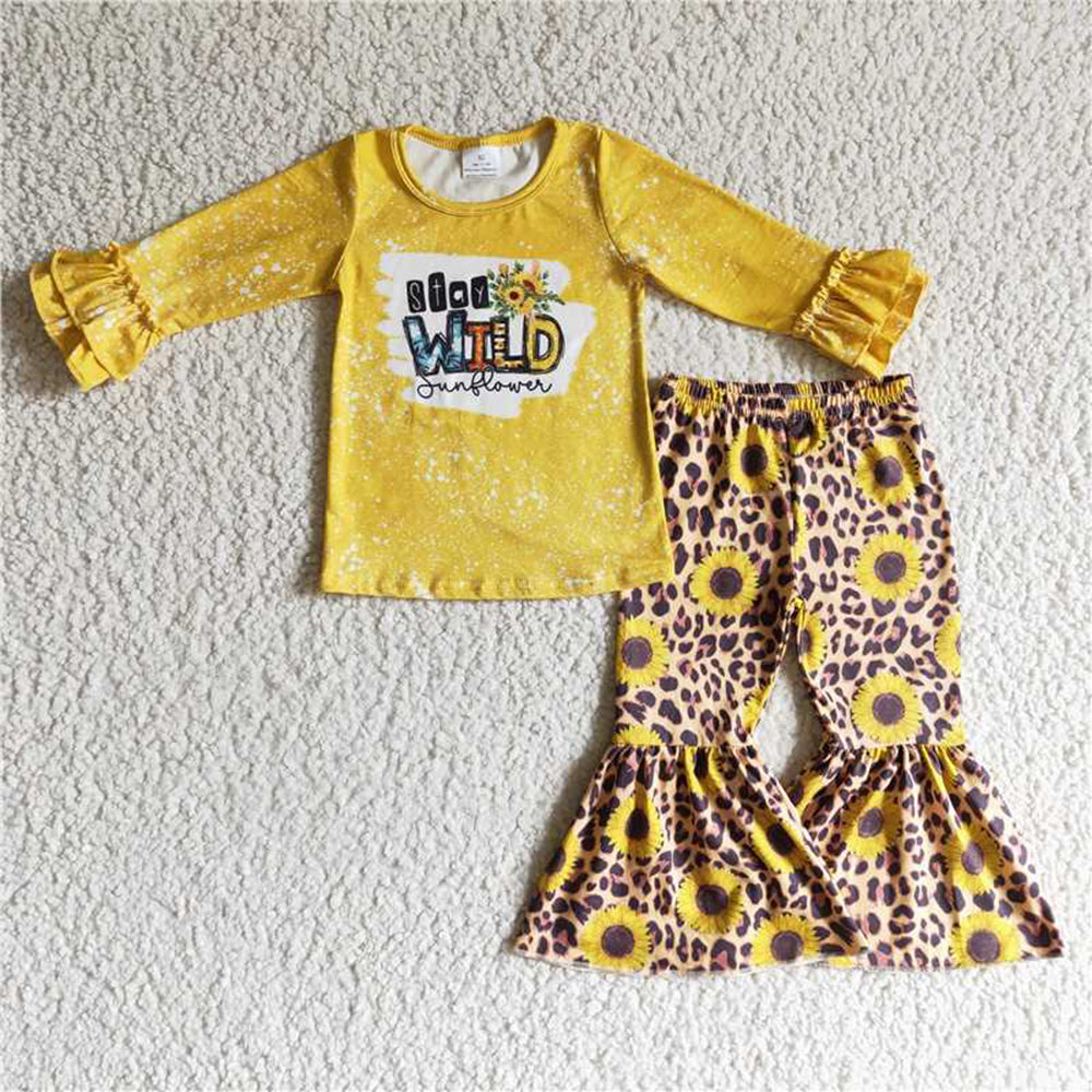 5.17 RTS NO MOQ Baby Girls Long Sleeve Sets 6 A7-19 Stay Wild Sunflower Shirt Leopard Pants Sets
