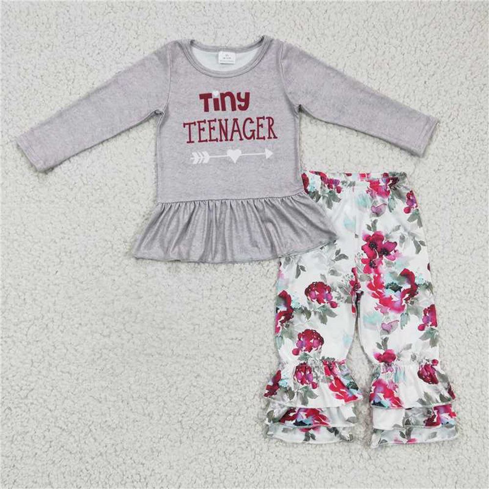 5.17 RTS NO MOQ Baby Girls Long Sleeve Sets 6 B12-17 Tiny Teenager Grey Floral Ruffle Pants Sets