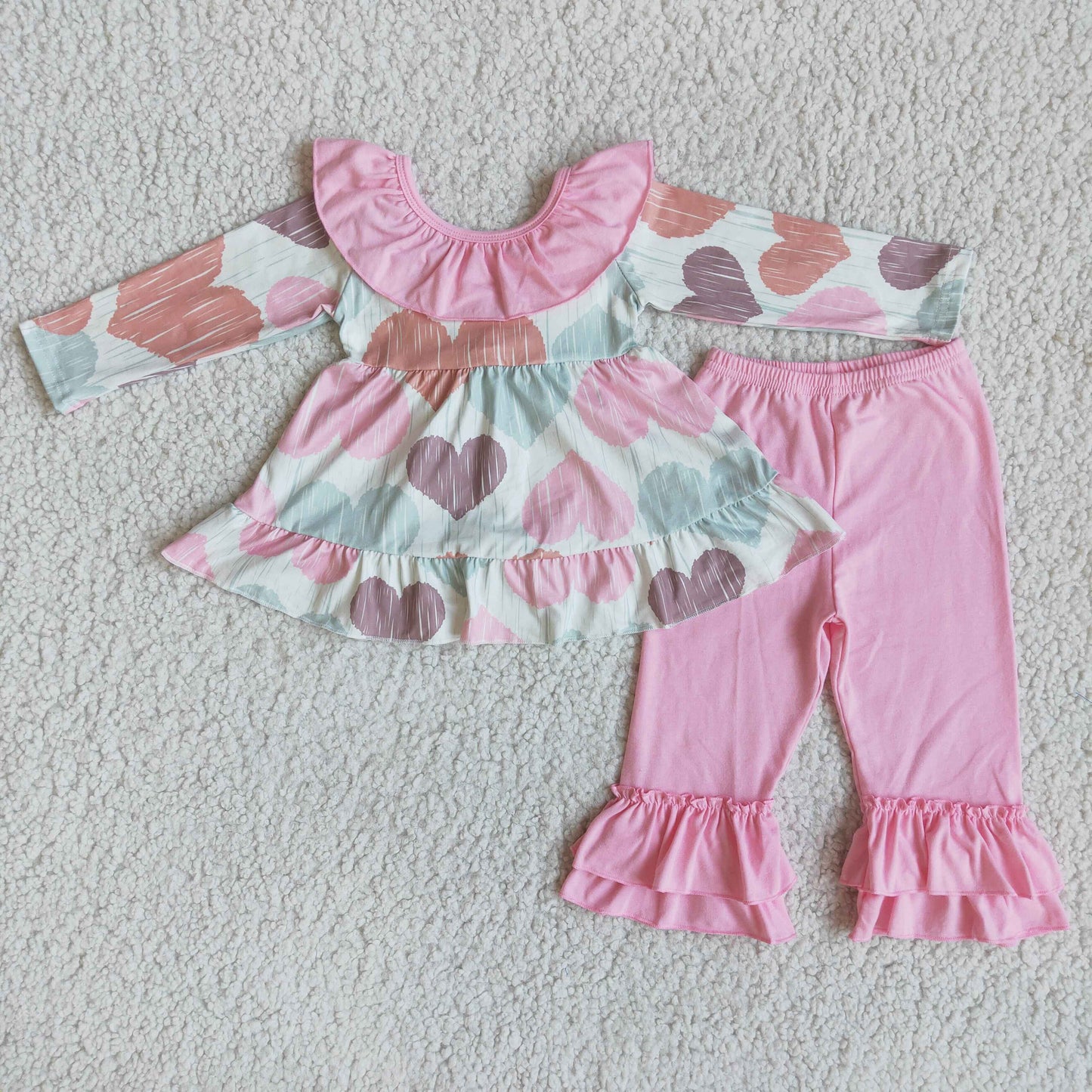 RTS Promotion Baby Girl Kids Hearts Valentine's Bows Tunic Pink Cotton Pants Outfit