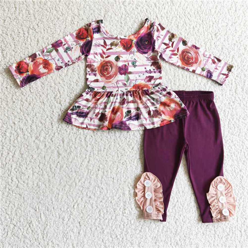 5.17 RTS NO MOQ Baby Girls Long Sleeve Sets 6 B6-3 Maroon Fall Floral Peplum Legging Sets