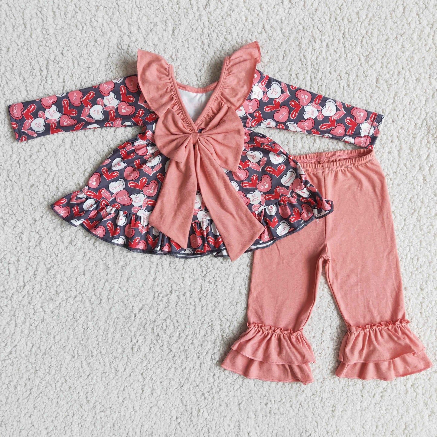 RTS Promotion Baby Girl Kids Hearts Valentine's Bows Tunic Ruffle Cotton Pants Outfit