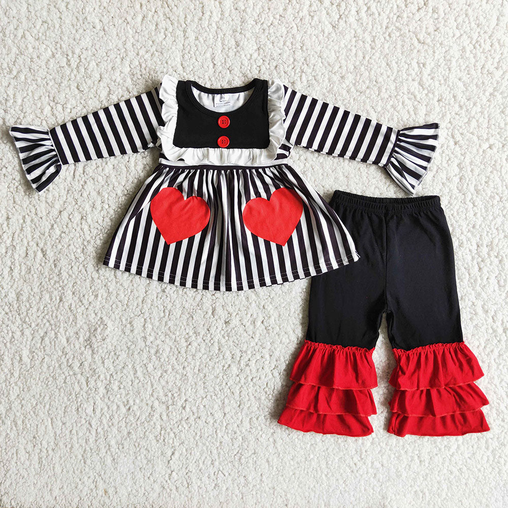RTS Promotion Baby Girl Kids Hearts Valentine's Stripes Tunic Ruffle Pants Outfit
