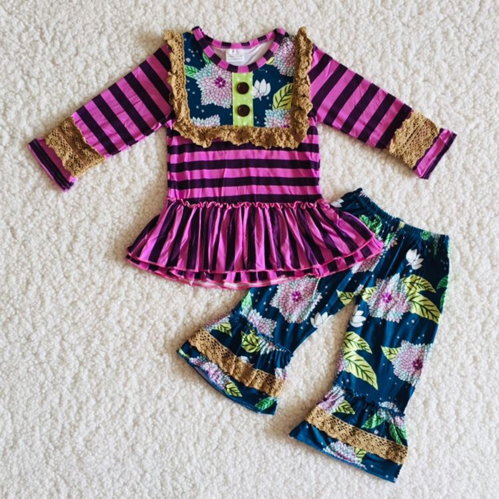 5.17 RTS NO MOQ Baby Girls Long Sleeve Sets 6 B8-36 Purple Stripe Top Floral Pants Sets