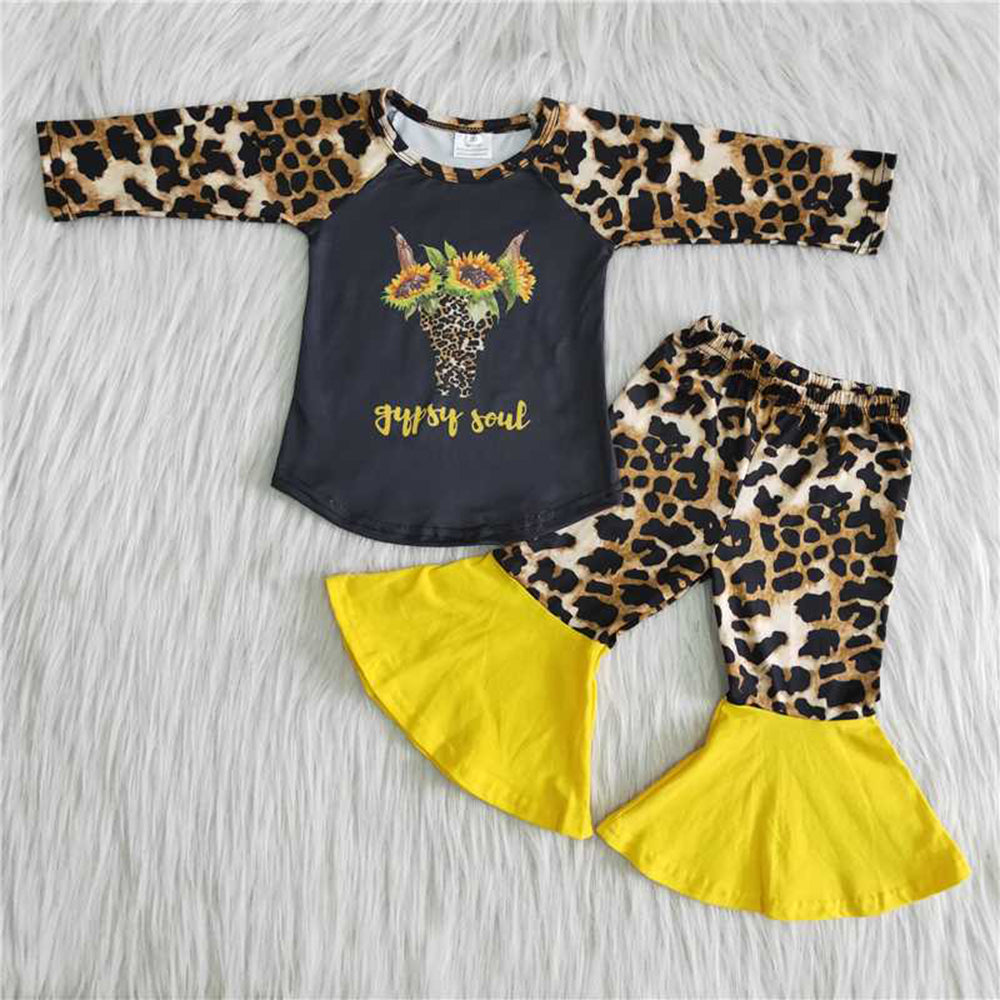 5.17 RTS NO MOQ Baby Girls Long Sleeve Sets 6 B8-37 Bull Skull Sunflower Leopard Sets