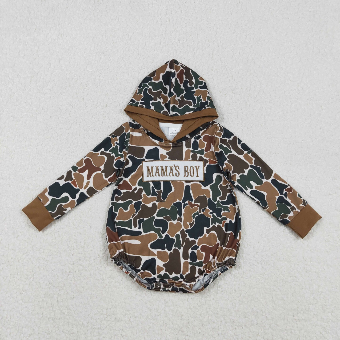 RTS Baby Boys Embroidery Mama's Boy Hoodie Brown Camo Bubble Romper