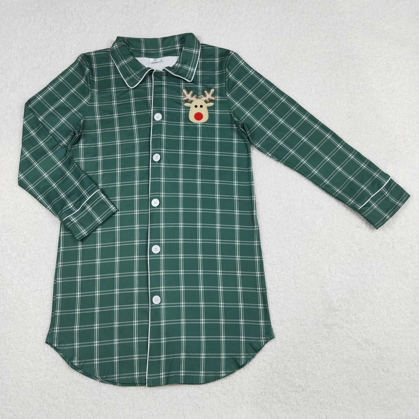 RTS Adult Women Green Plaid Long Sleeves Christmas Embroidery Deer Tops Sleepwear