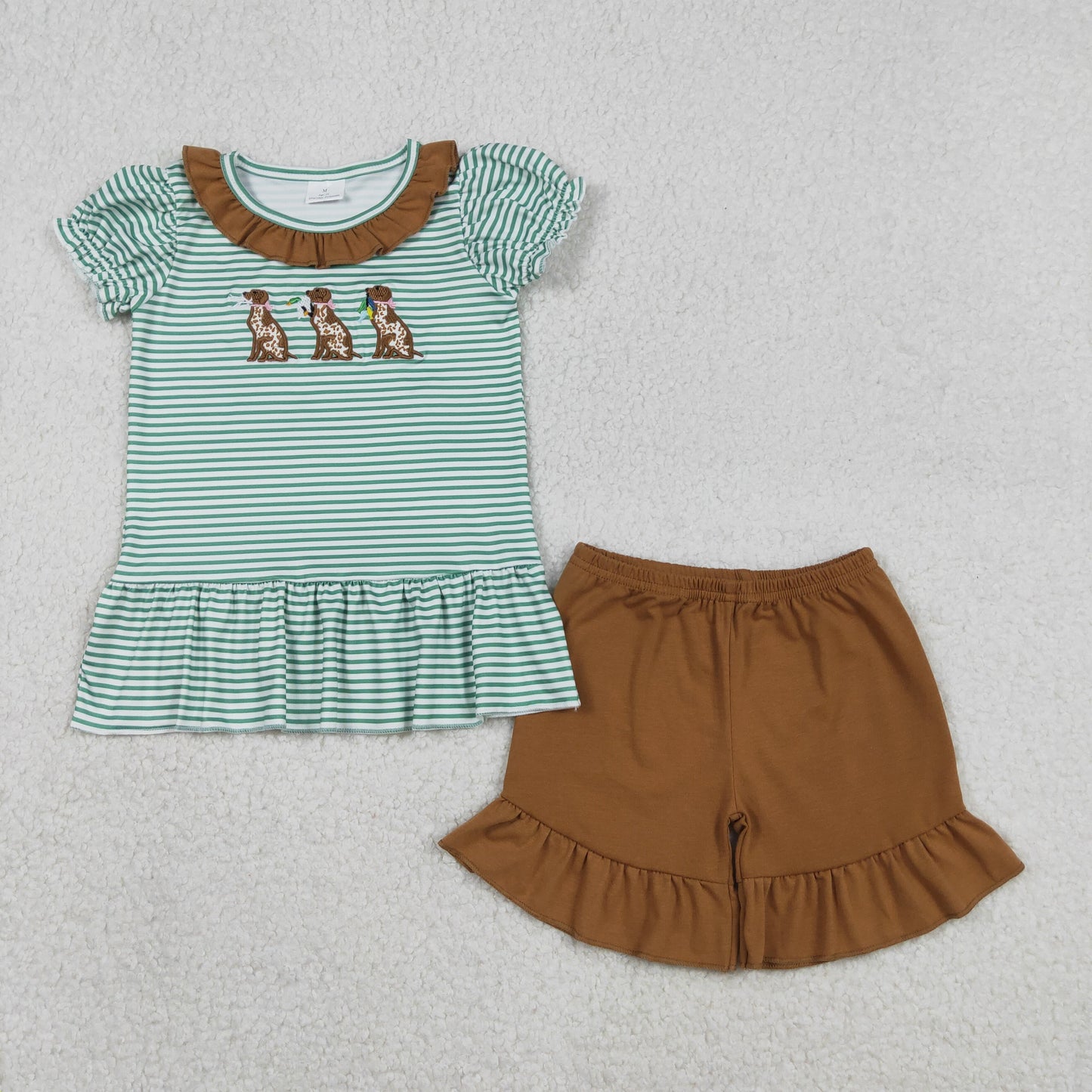 RTS Baby Girls Embroidery Dogs Ducks Green Stripes Shirt Ruffle Shorts Hunting Set