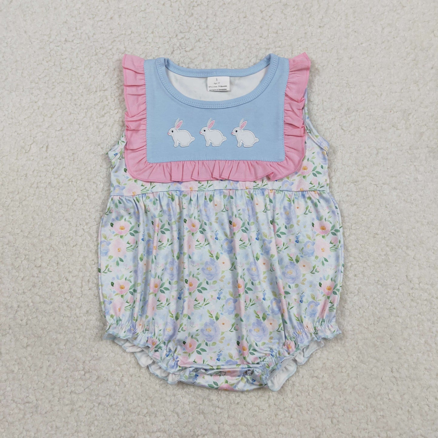 RTS Baby Girls Infant Sleeveless Embroidery Rabbits Flower Easter Bubble Ruffle Romper