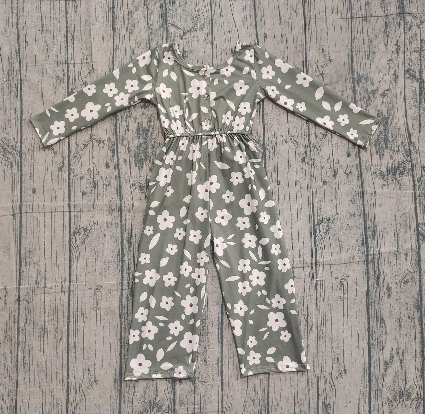 RTS Baby Girls Kids Long Sleeves Flower Buttons Pockets Pants Jumpsuit