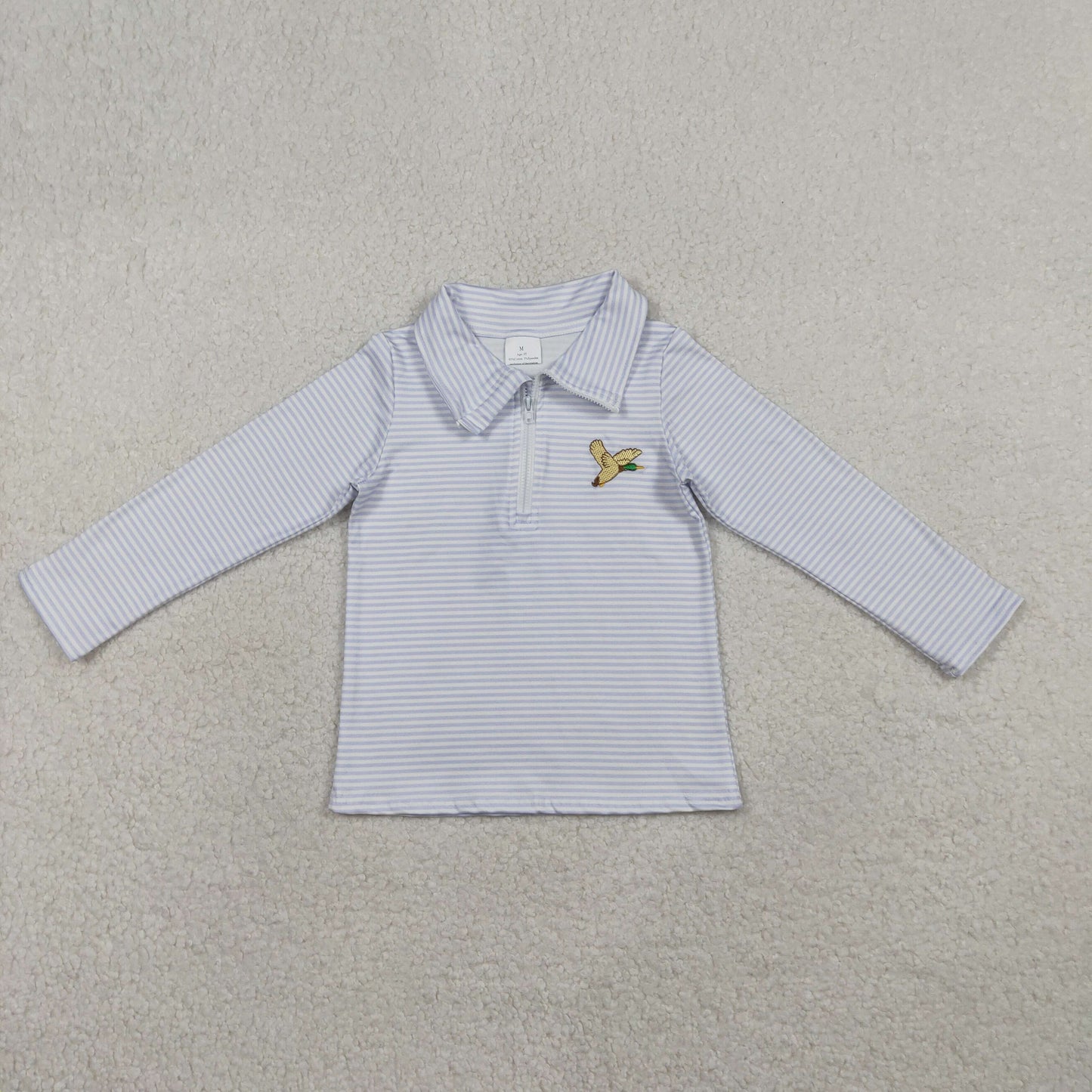 RTS Baby Boy Long Sleeves Embroidery Duck Blue Stripes Zipper Pullover Shirt